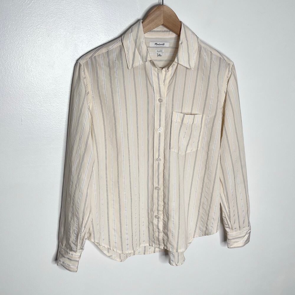 Madewell Relaxed Ivory Striped Button Up Blouse XS Drapey Lightweight Shirt - Picture 4 of 10